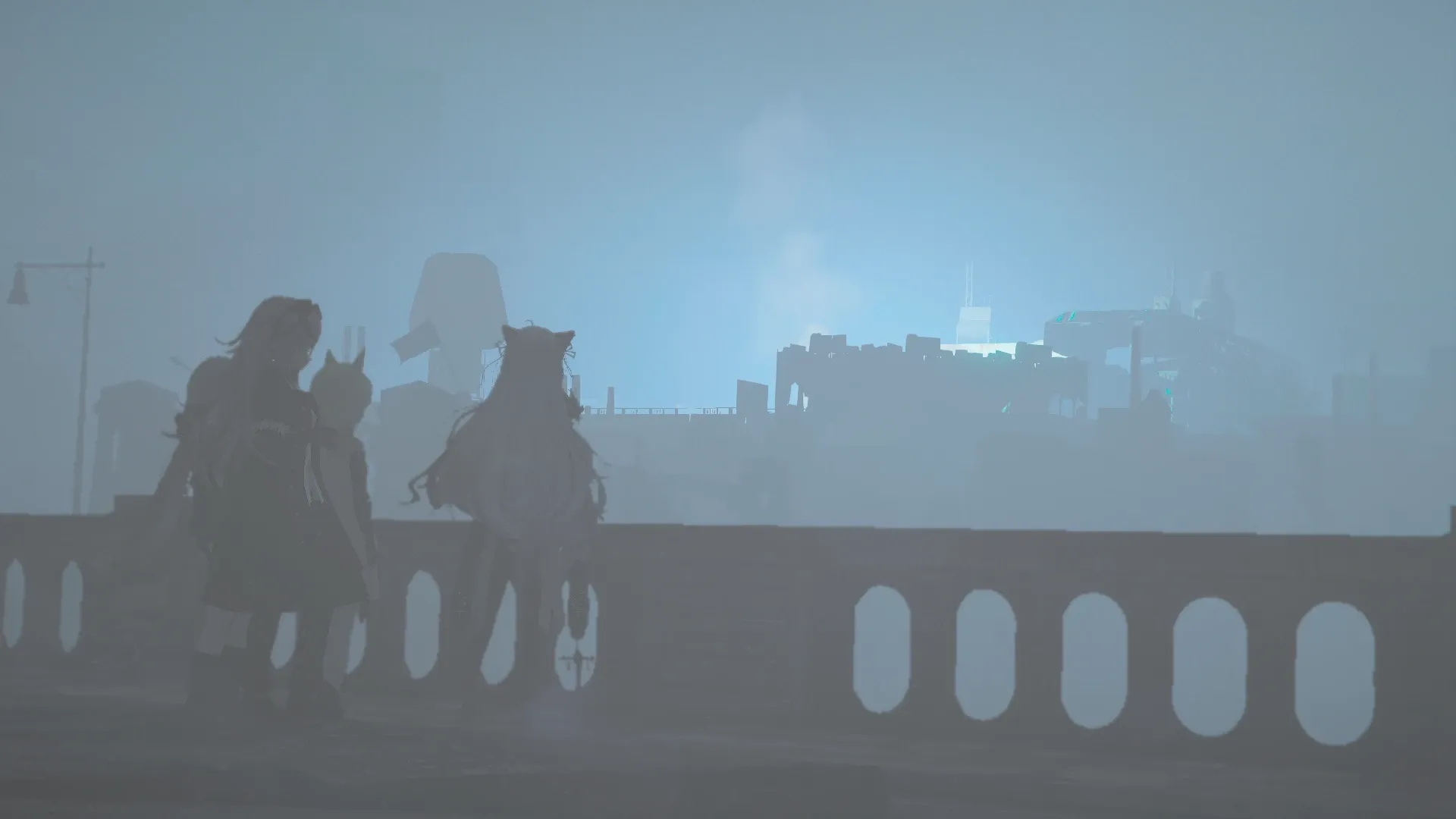 写真: 大きな川が目の前に広がっている。その岸辺から闇夜に輝くダイアモンドシティから漏れる明かりが見える方角を眺めるSizryavkaと仲間達