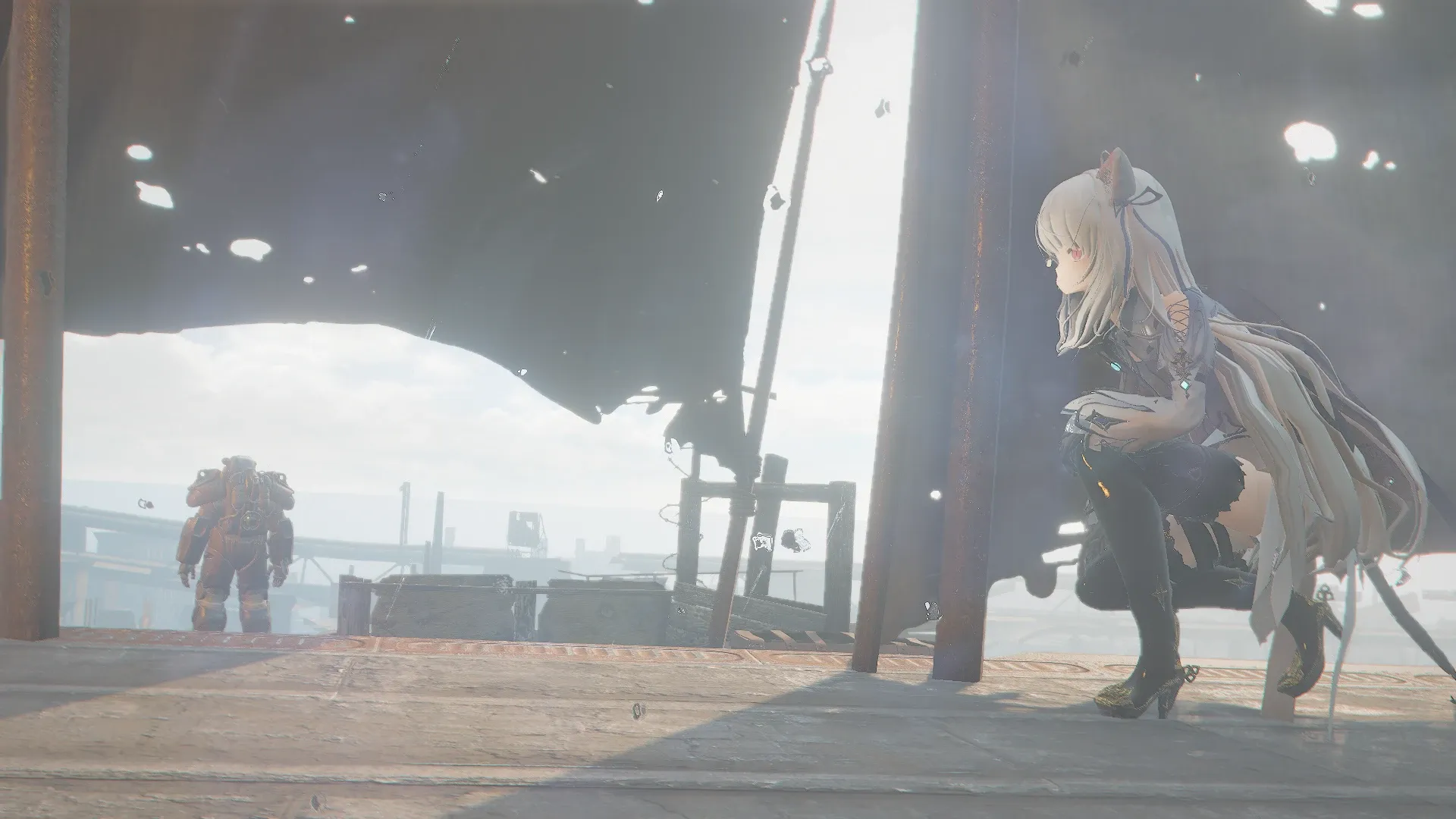 写真: 屋上に佇むパワーアーマーに身を包む何者かを影から観察するSizryavka