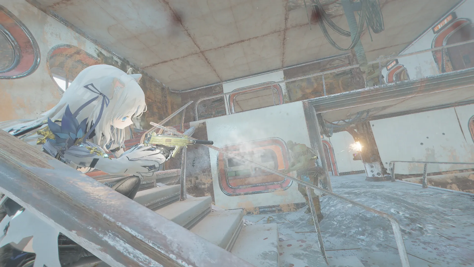 写真: 中層、ビルの一部が崩落して外が見える箇所がある中での激しい戦闘