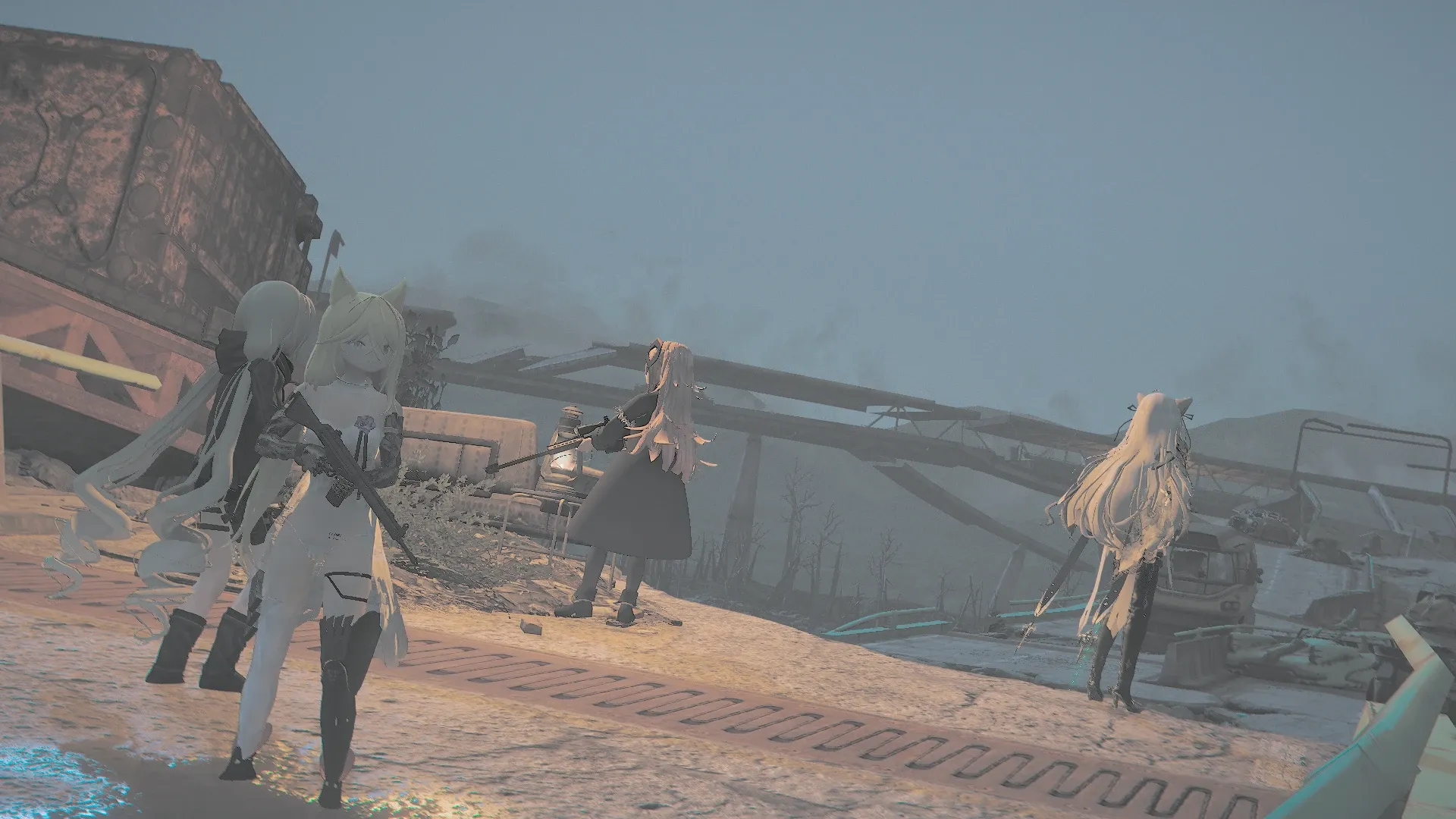 写真: 日が暮れる中、かつては車が多く通っていたであろう高速道路と思わしき陸橋が崩落した先頭部分に佇むSizryavka達