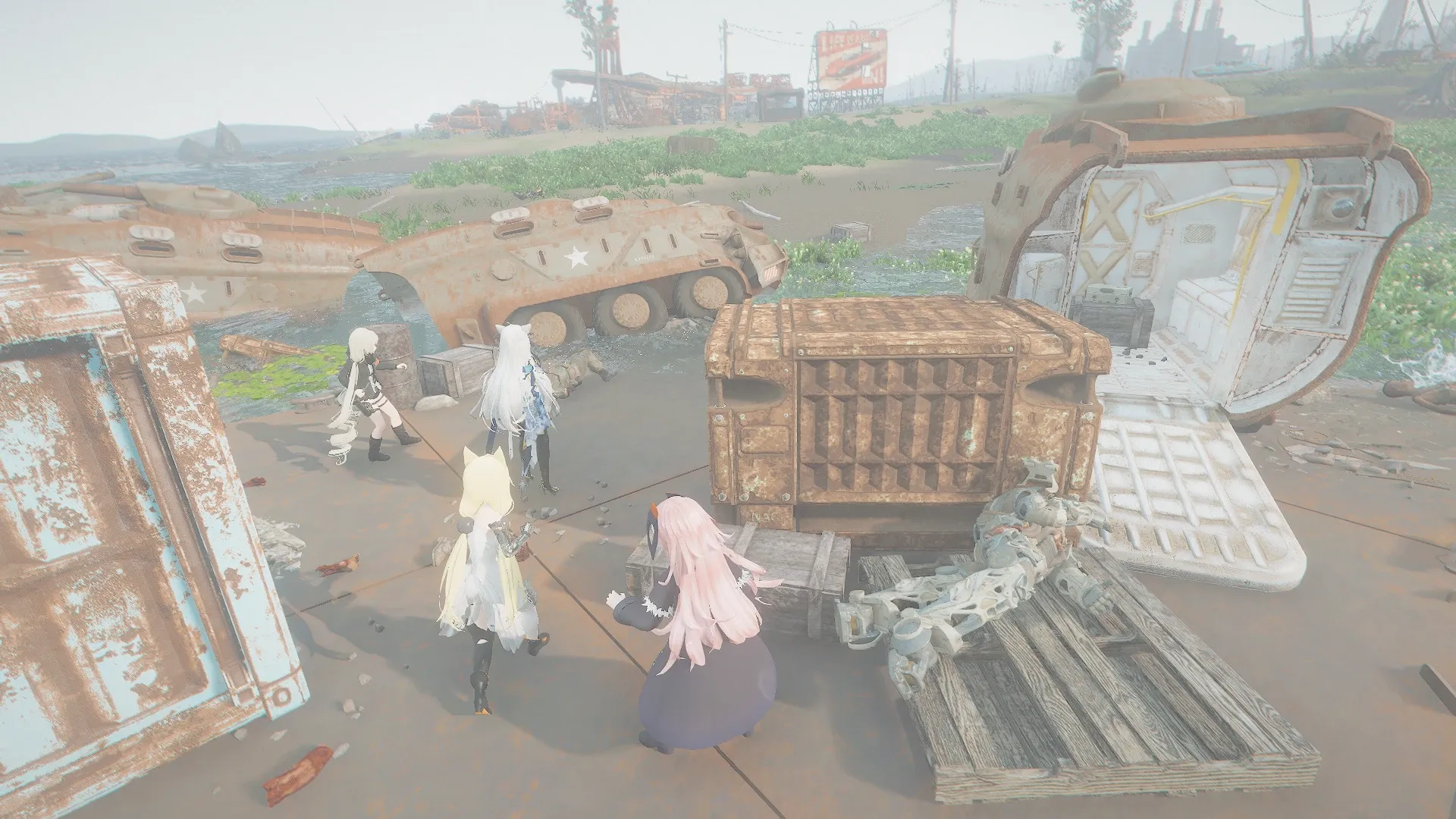 写真: 廃車となった動かない装甲車が並ぶ場所を散策する人形達