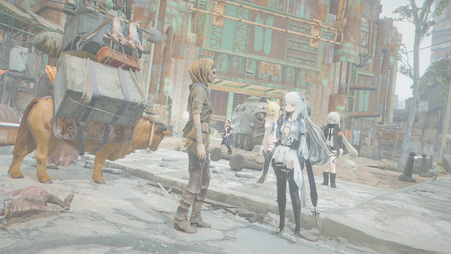 写真: ダイアモンドシティ入り口に止めた装甲車を横目に見ながら価格交渉を迫ってくる行商人をなだめるSizryavka