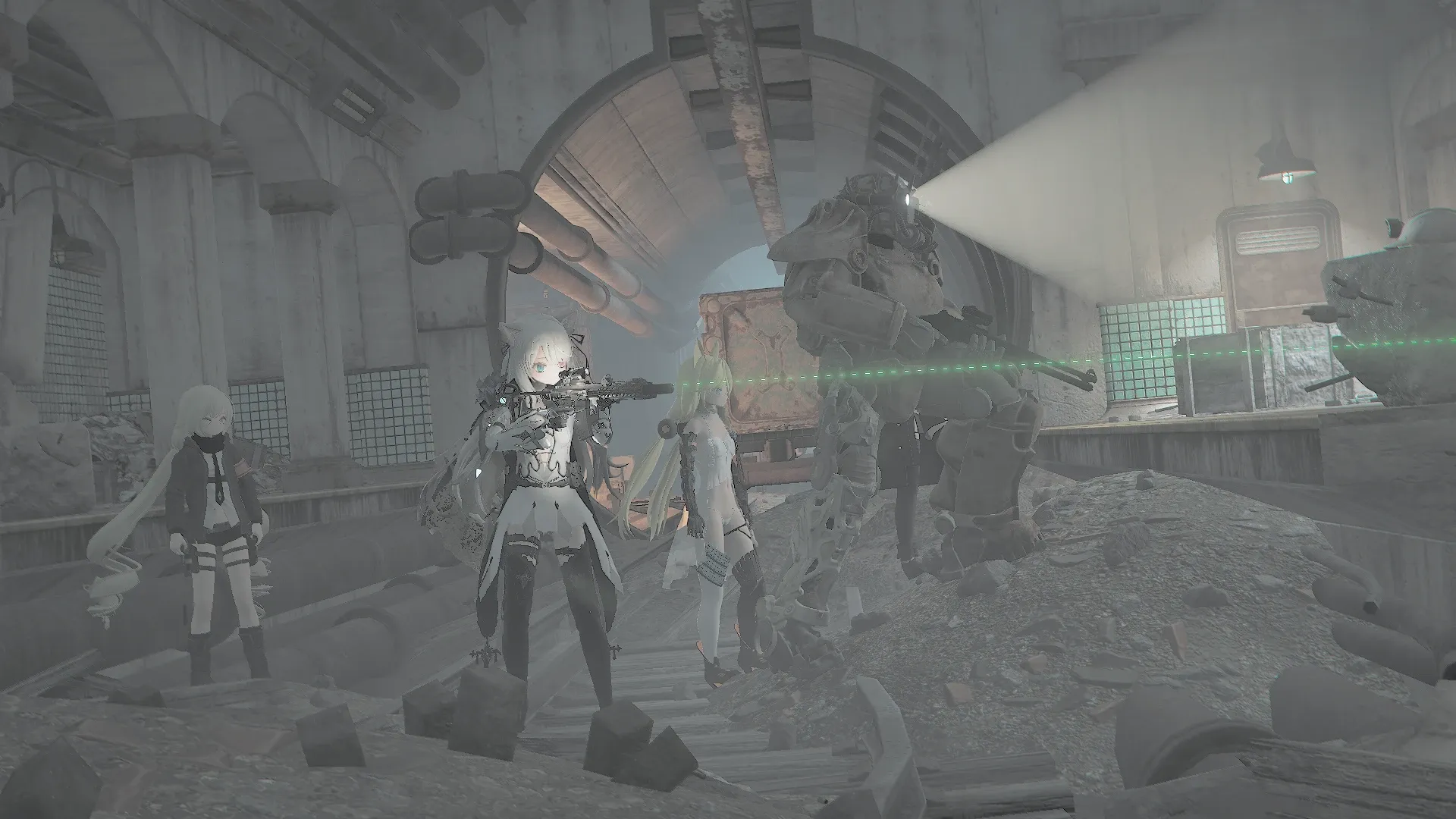 写真: 地下鉄廃墟を作成した自律パワーアーマーとともに制圧を進める人形達