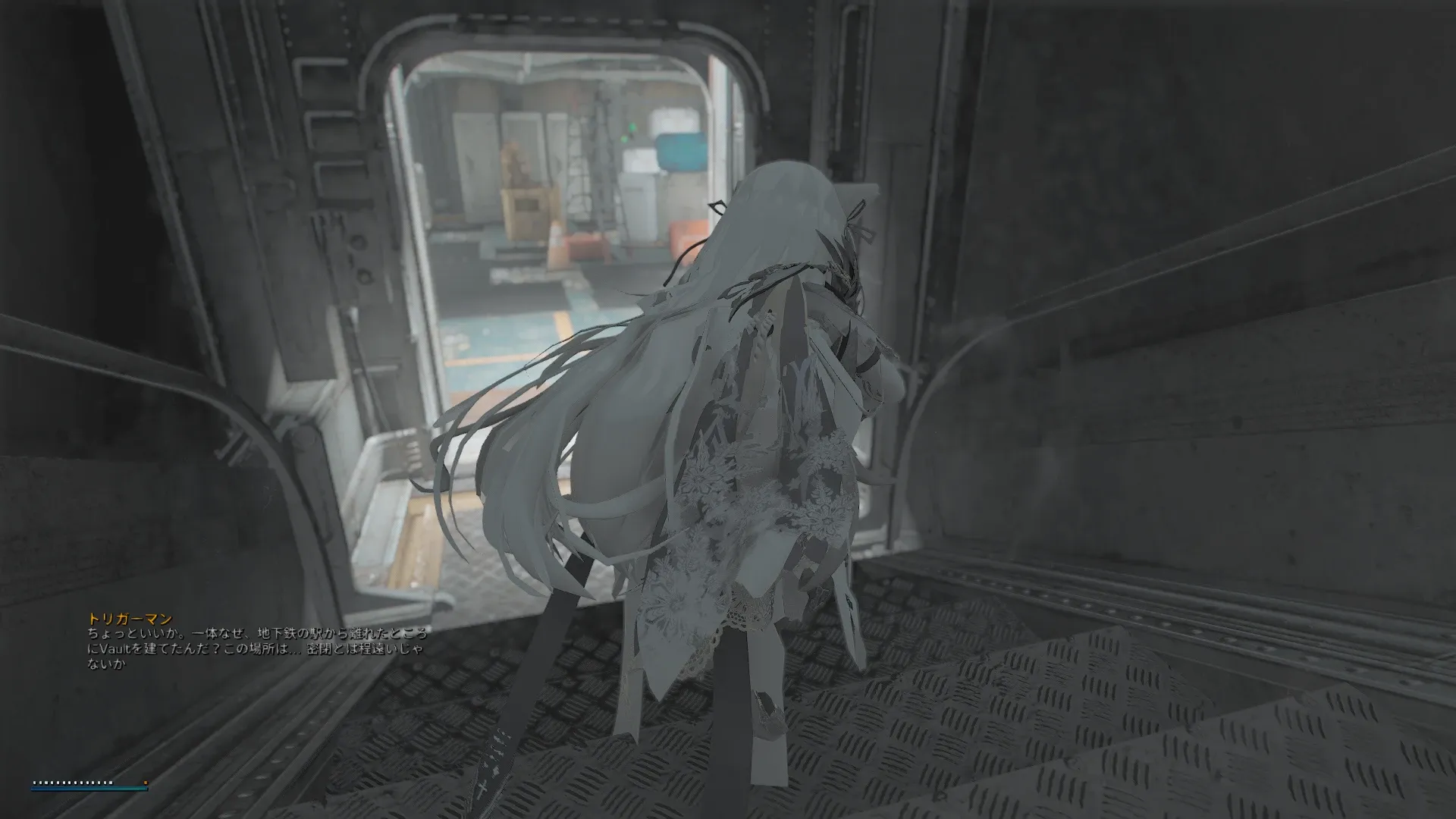 写真: トリガーマン達の会話が聴こえてくる。「ちょっといいか。一体なぜ、地下鉄の駅から離れたところにVaultを建てたんだ?この場所は...密閉とは程遠いじゃないか」