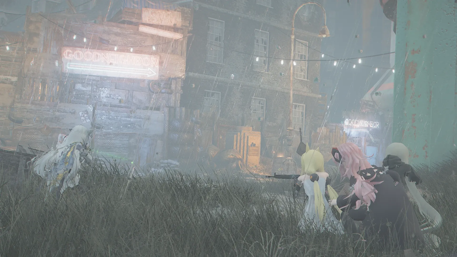 写真: グッドネイバーと書かれた看板を見つけ、扉に近づこうとする人形達