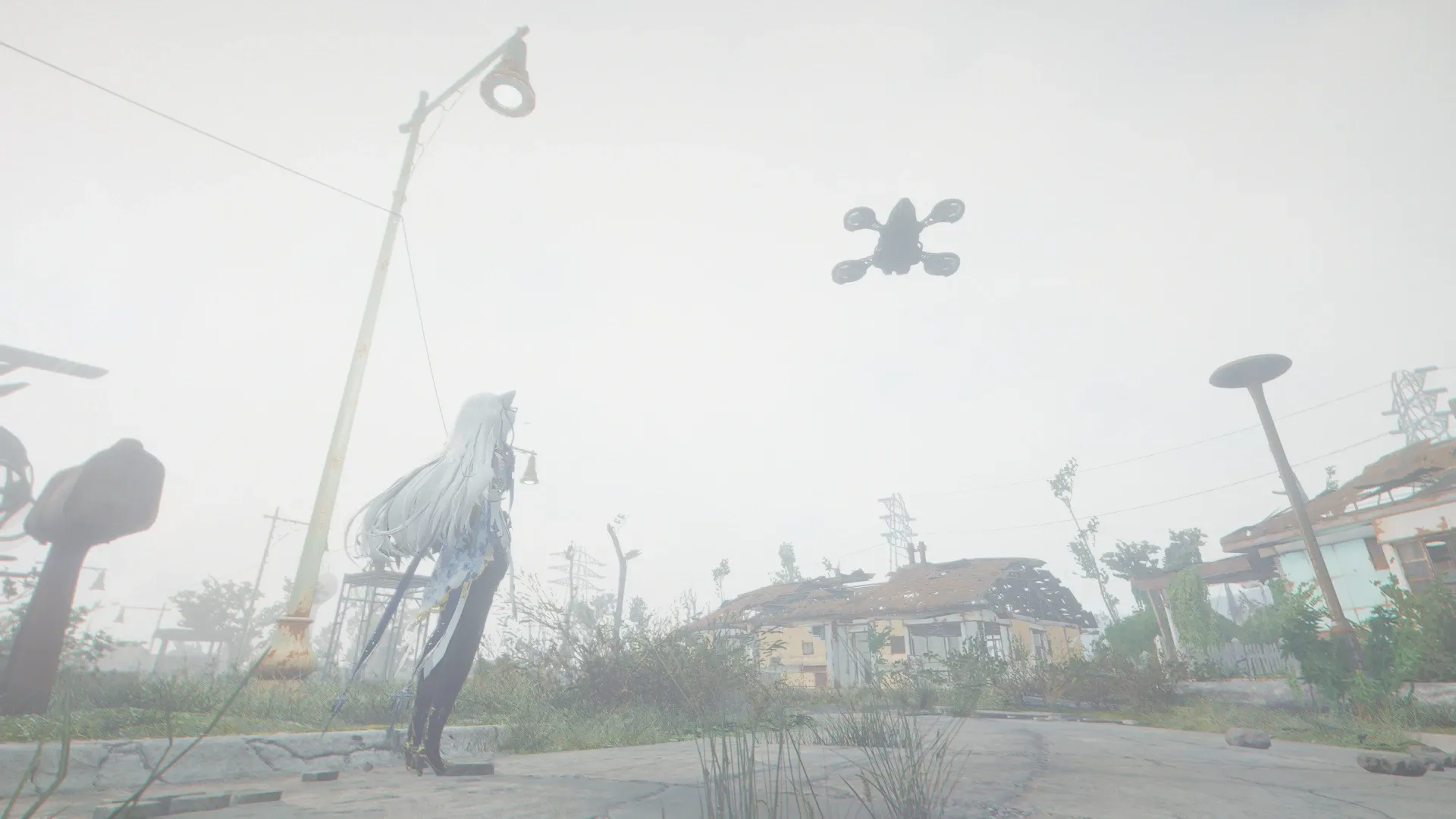 写真: 旅の道中で手に入れたドローン設計図を元に防衛用ドローンを展開している