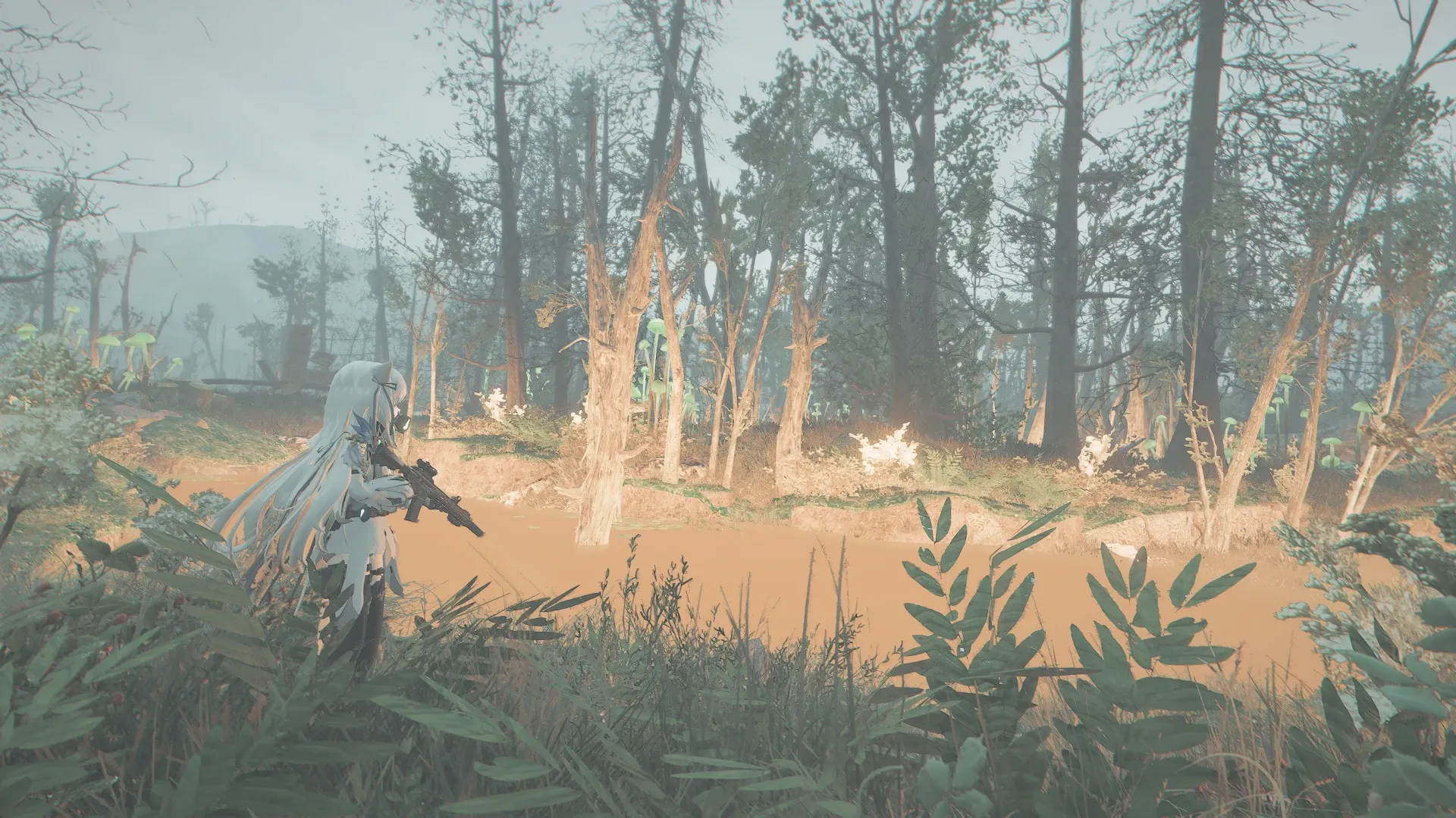 写真: 沼地は毒々しいオレンジ色の輝きを放ち、その周りには光り輝く植物がいくつか生えている。