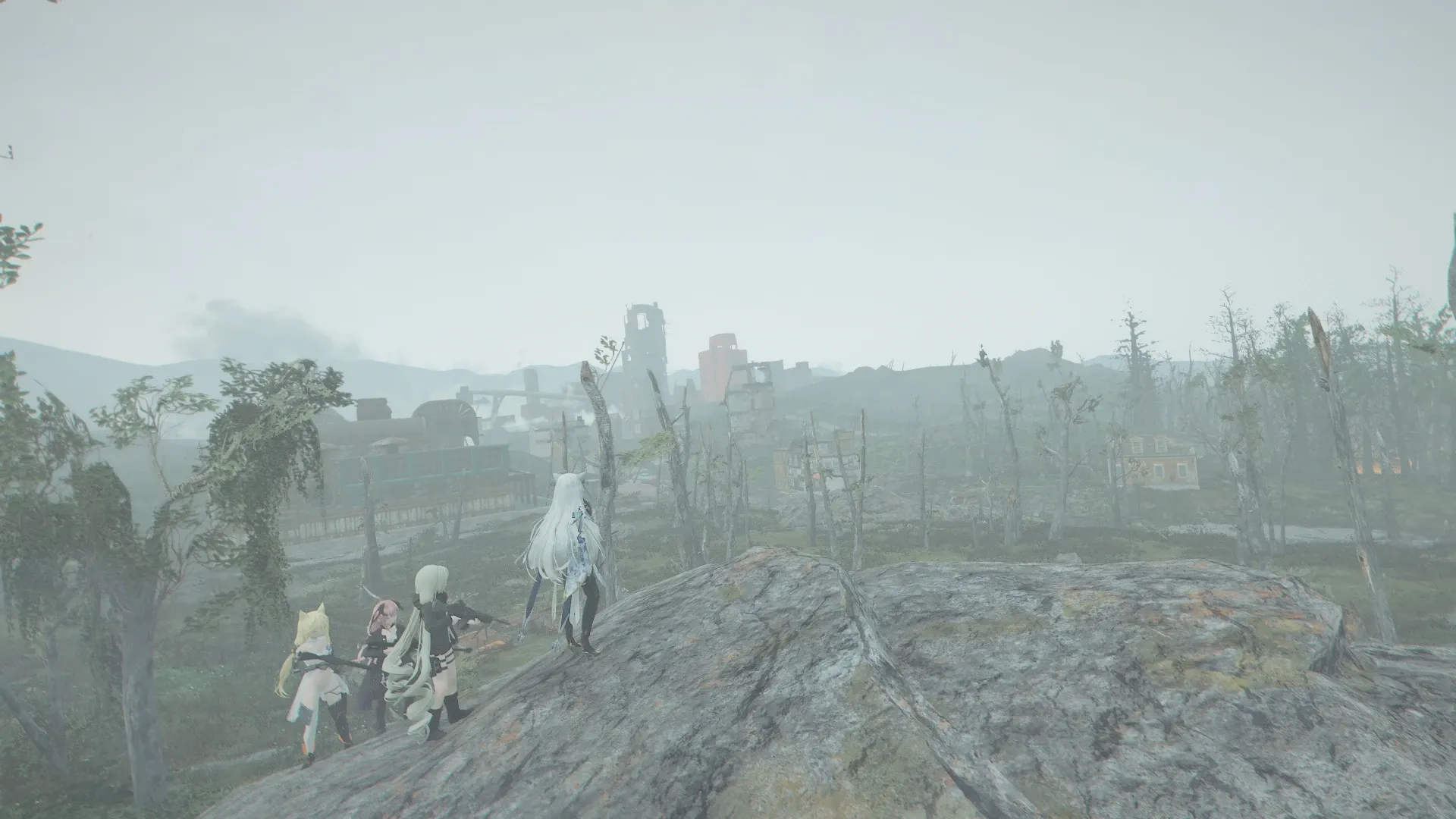 写真: 爆心地の外縁では異常天候が確認できない、これまで同様の平穏そうに見えるエリアも見える場所から、爆心地を眺める人形達。