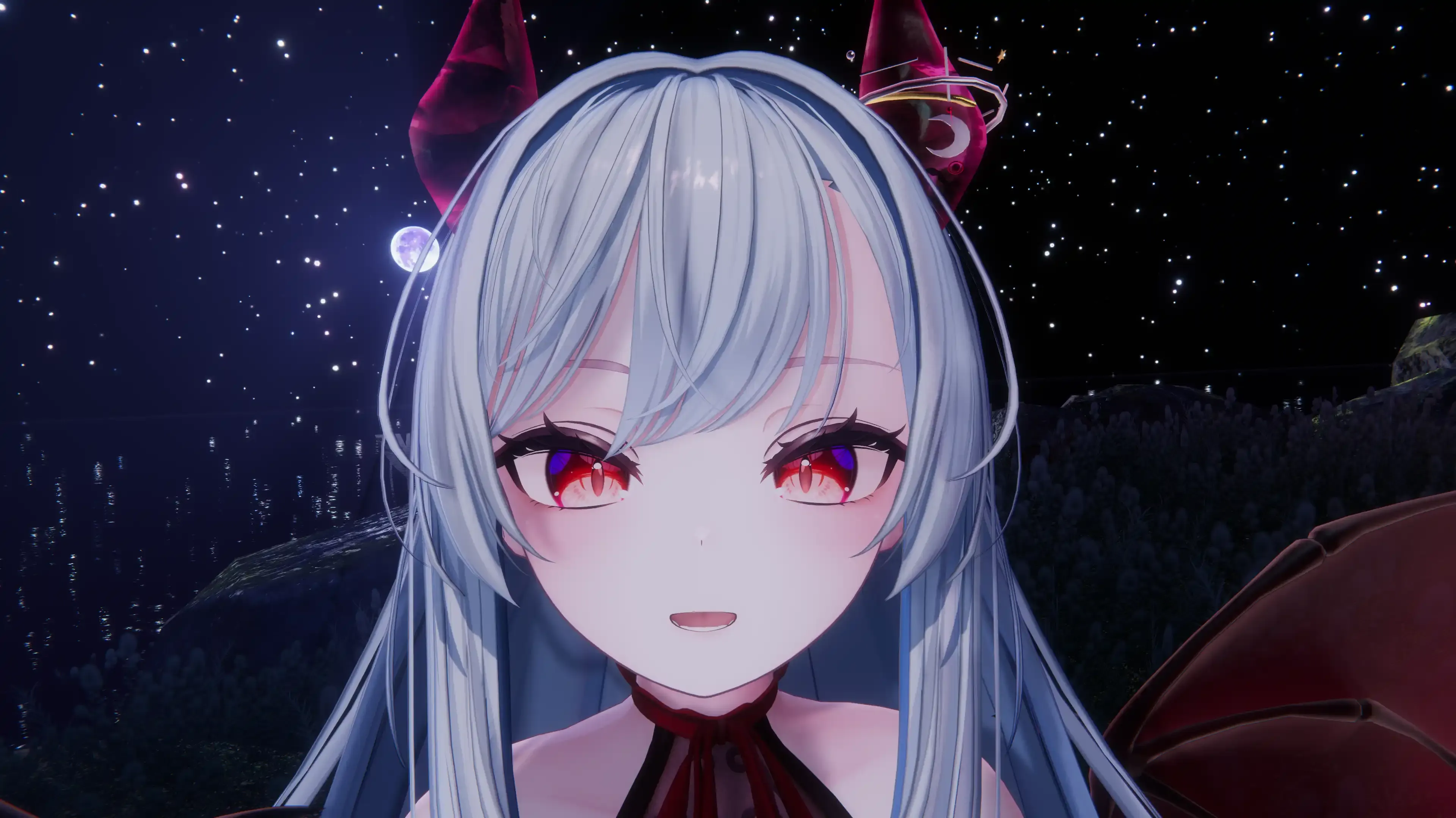 VRChat内でフェイストラッキングによるデモを行っている写真: 口を少し開ける