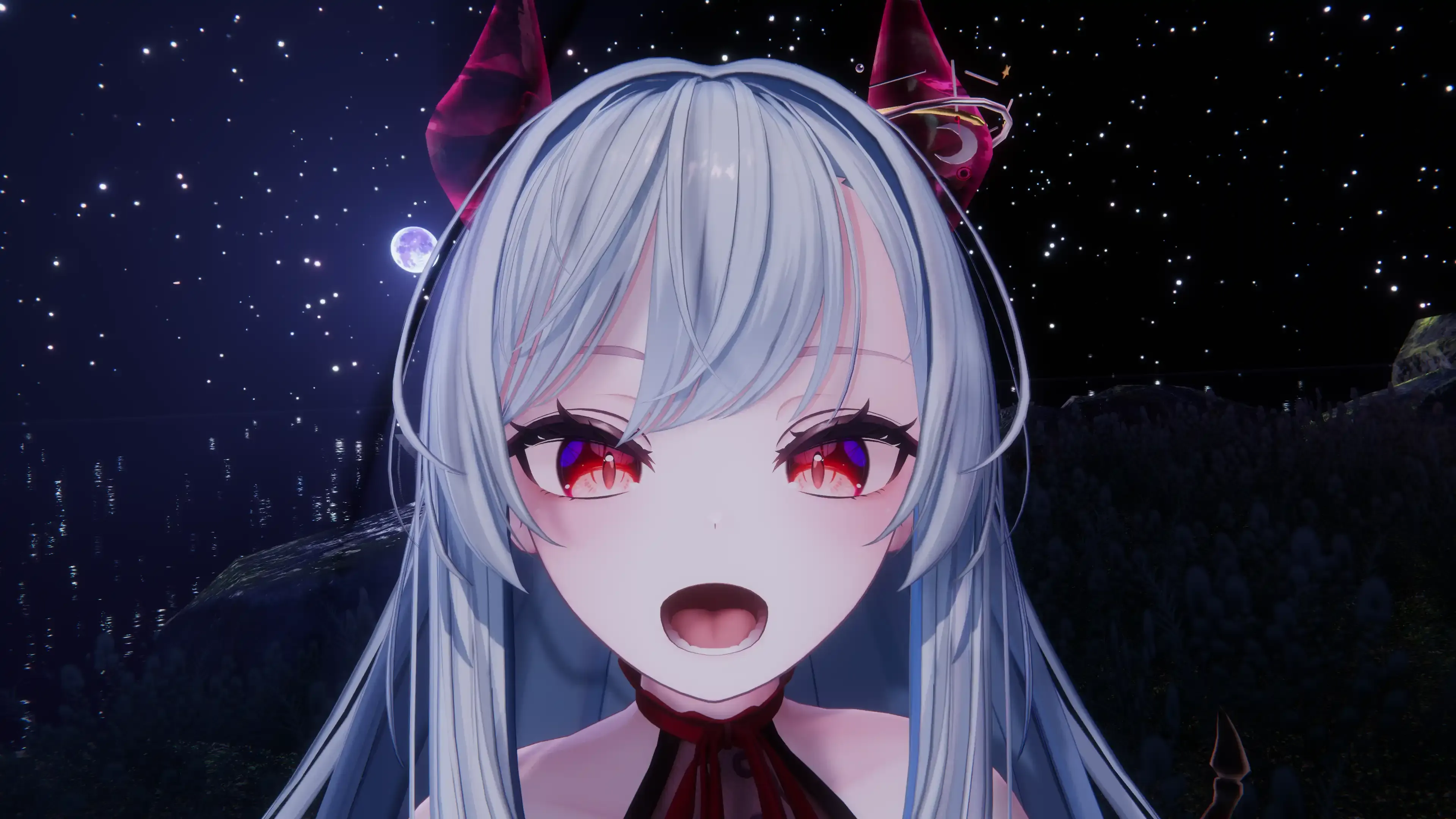 VRChat内でフェイストラッキングによるデモを行っている写真: 口を大きく開ける