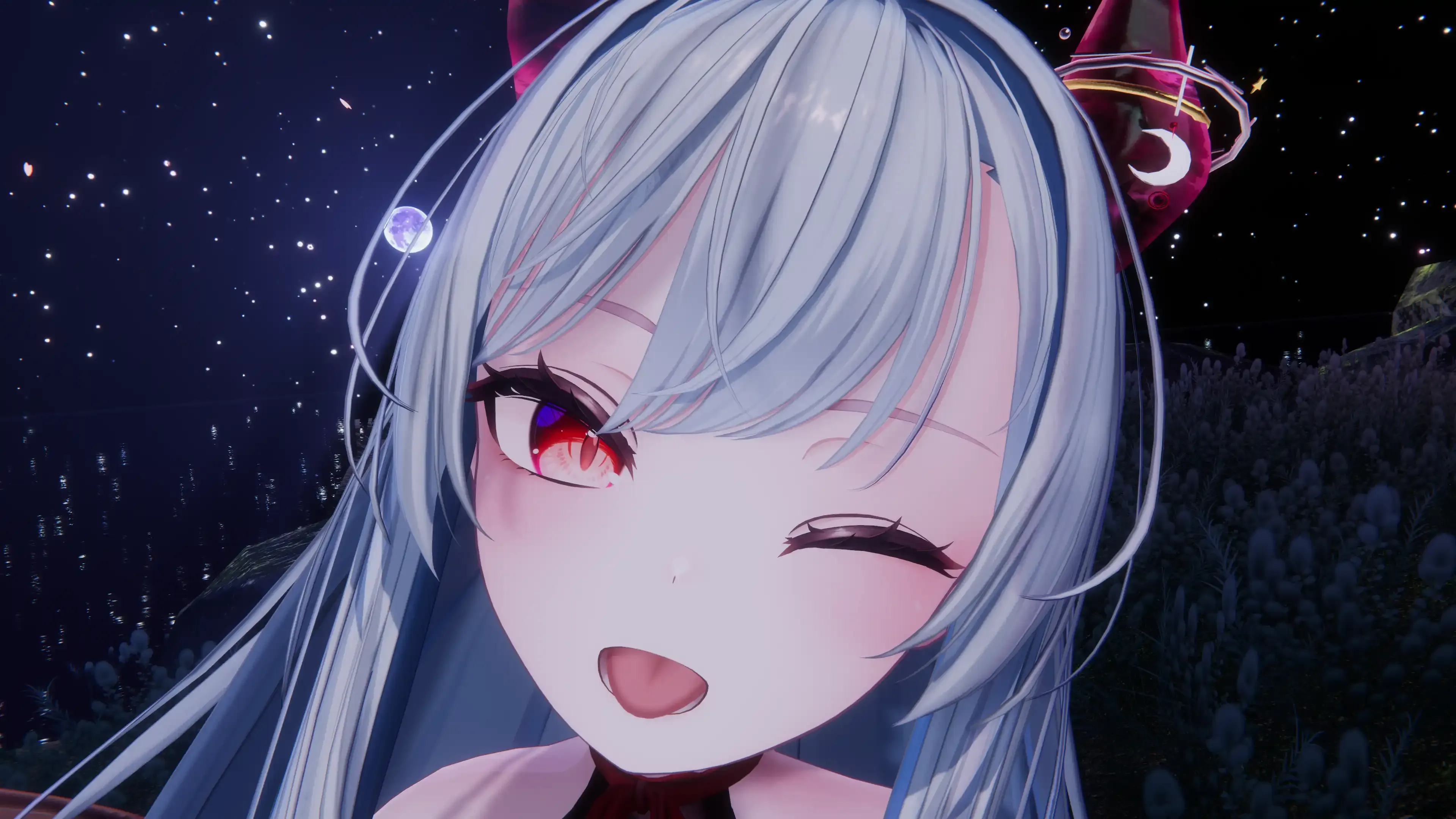 VRChat内でフェイストラッキングによるデモを行っている写真: 舌出し・少々出す