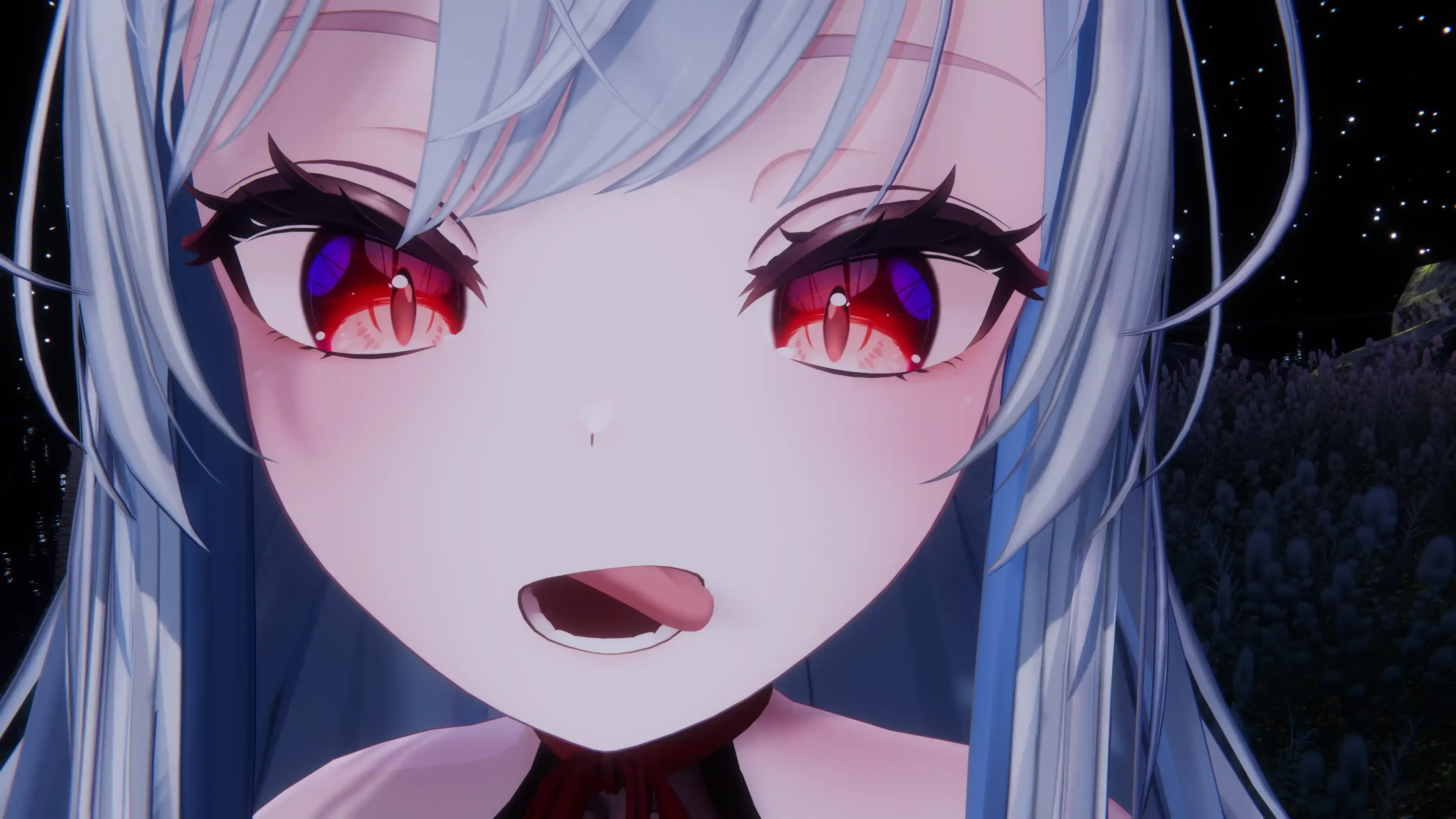 VRChat内でフェイストラッキングによるデモを行っている写真: 舌を左唇の繋ぎ目に向けて極端に曲げる