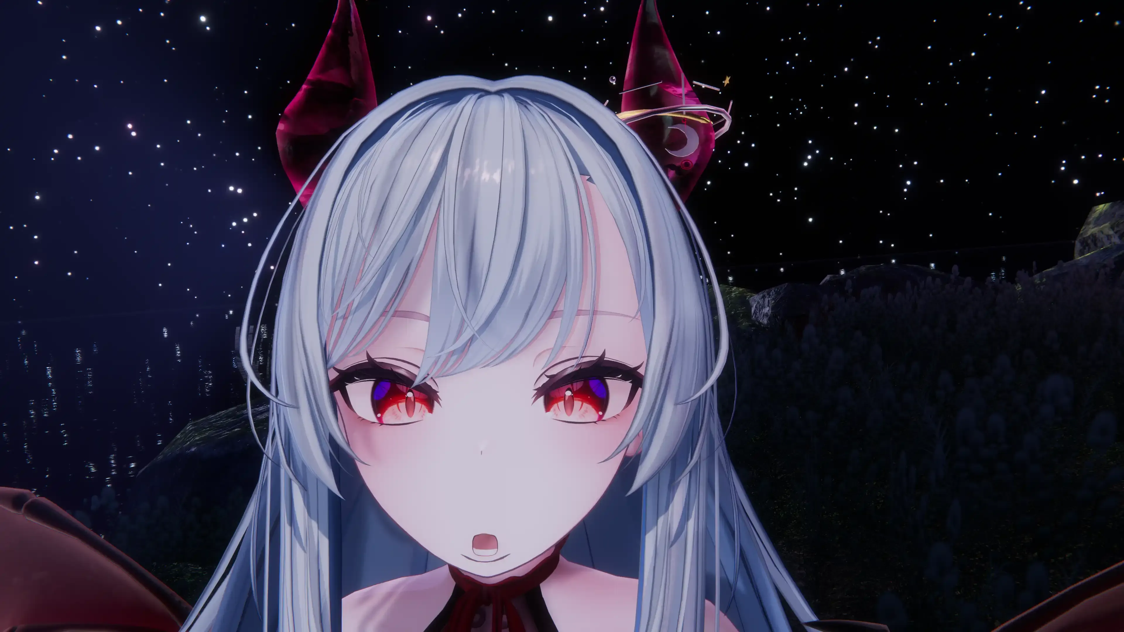 VRChat内でフェイストラッキングによるデモを行っている写真: 顎を下げる
